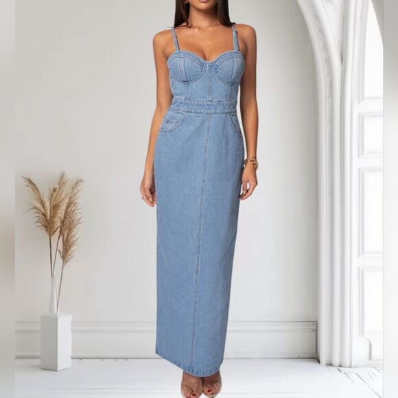 JLUXLABEL Medium Wash Mara Denim Bustier Maxi Jean Dress Small